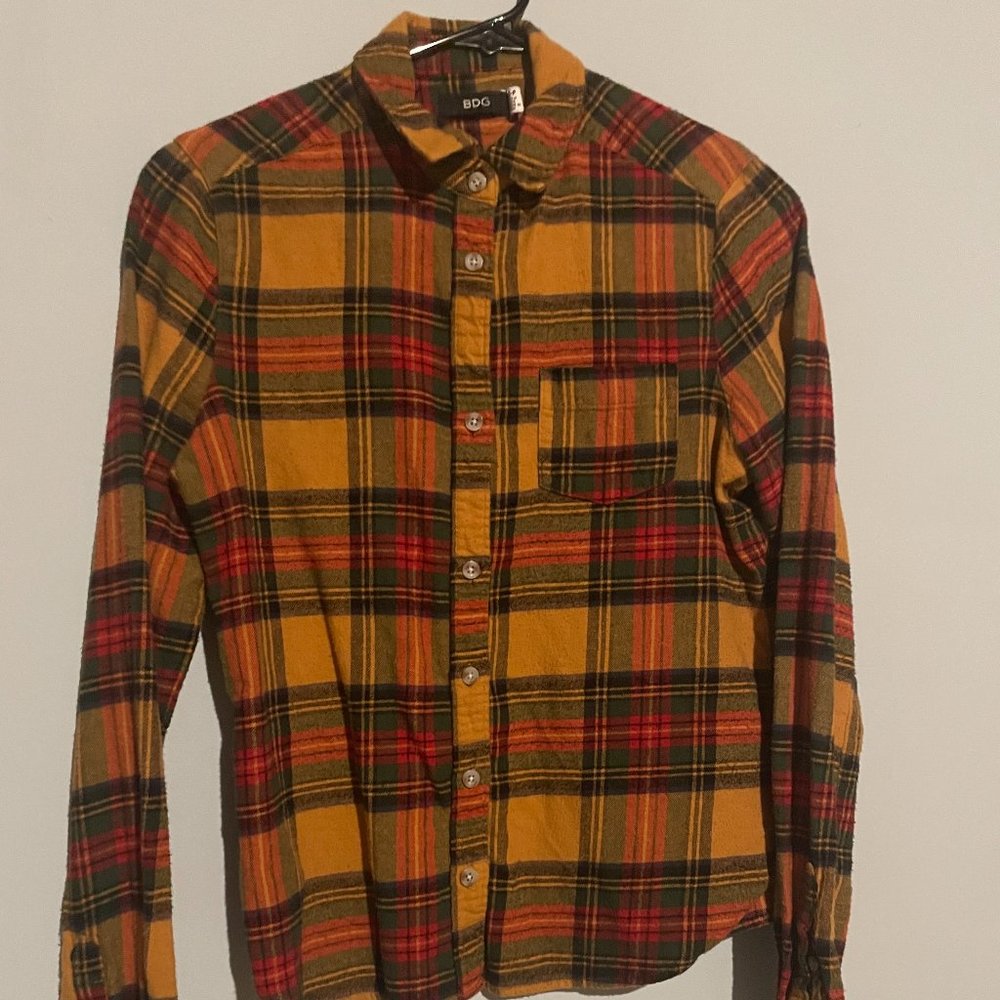 BDG mustard, red, green, + black flannel